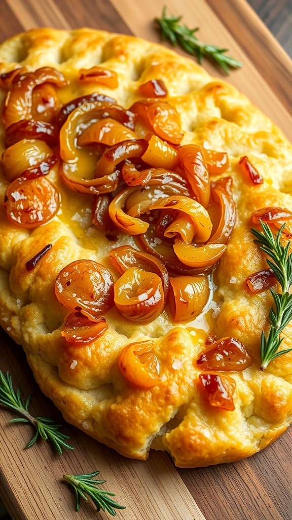 Caramelized Onion Focaccia Bread Recipe Caramelized onion focaccia bread on a wooden board, topped with olive oil and sea salt, garnished with rosemary.